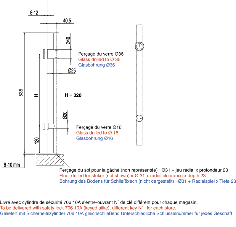 floor lock system for showcase Inovaglas, distance between holders : 320 mm (on request)
